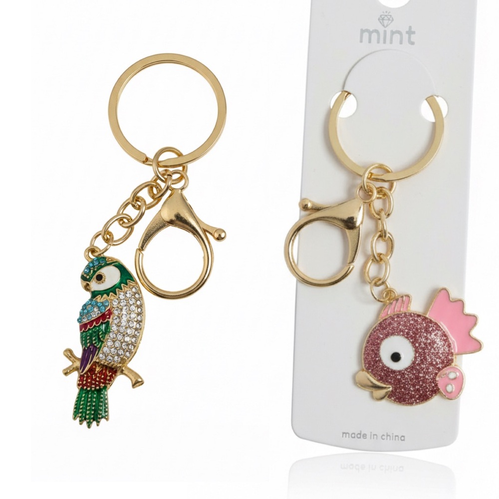 Parrot and Pink Glitter Fish Keychain Set